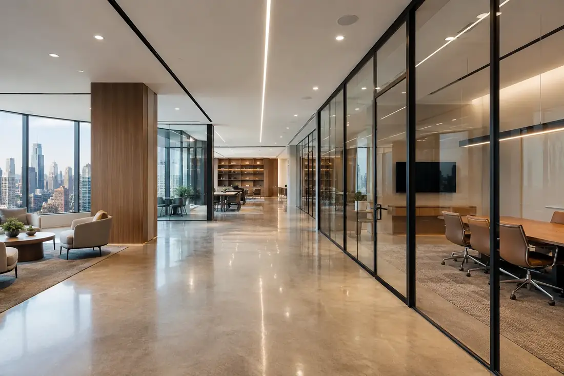 Interior corporativo premium com vidro e madeira