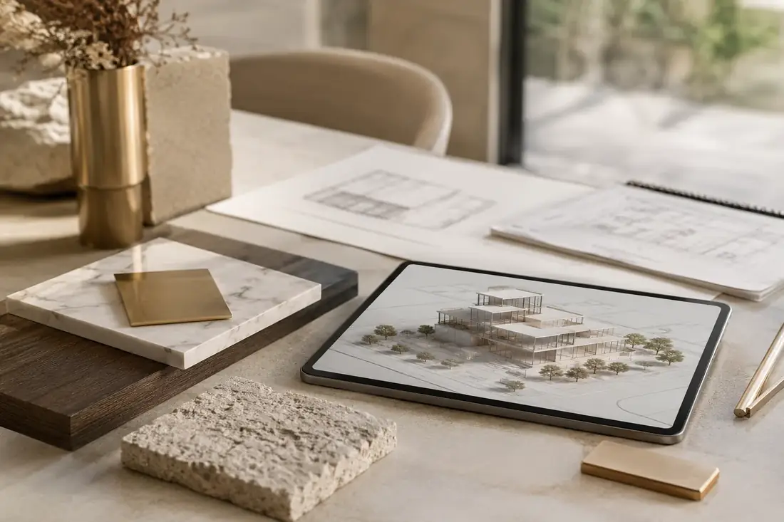 Mesa de planejamento imobiliário com tablet, planta e materiais