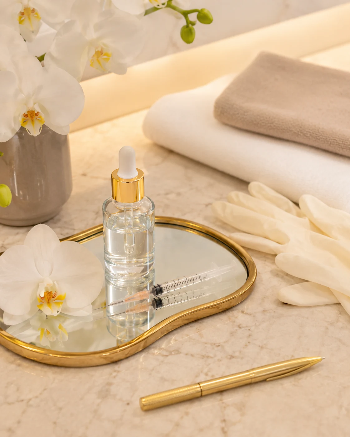 Produtos e instrumentos de estética avançada organizados em ambiente clínico