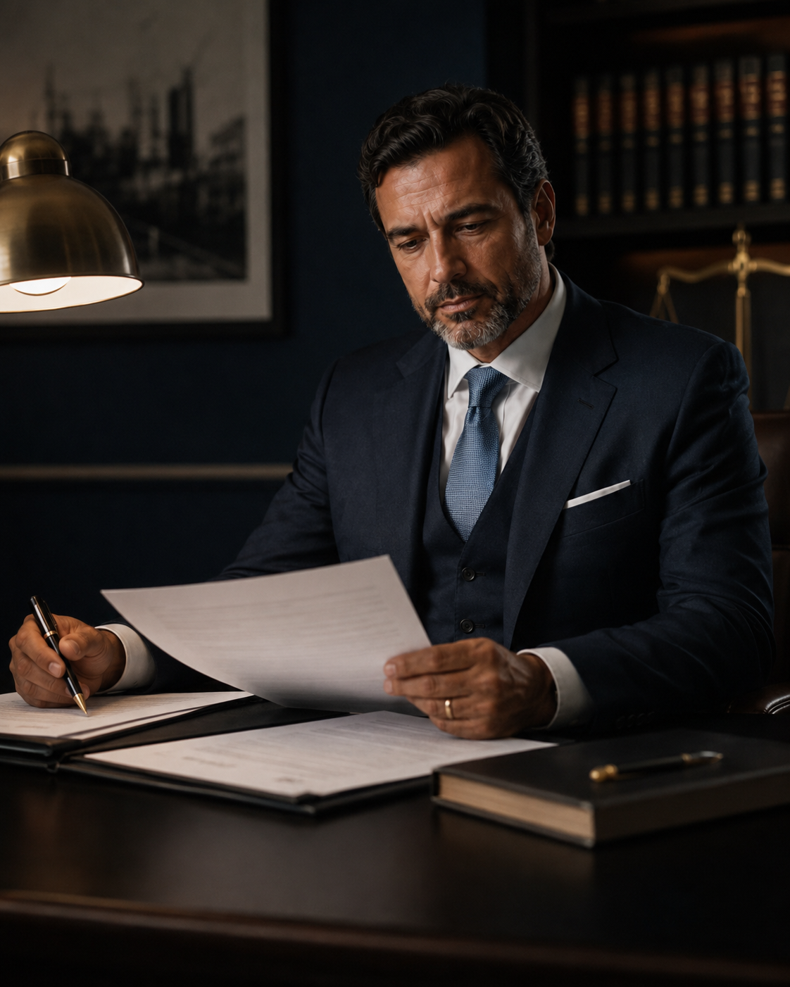 Advogado revisando documentos em escritório.