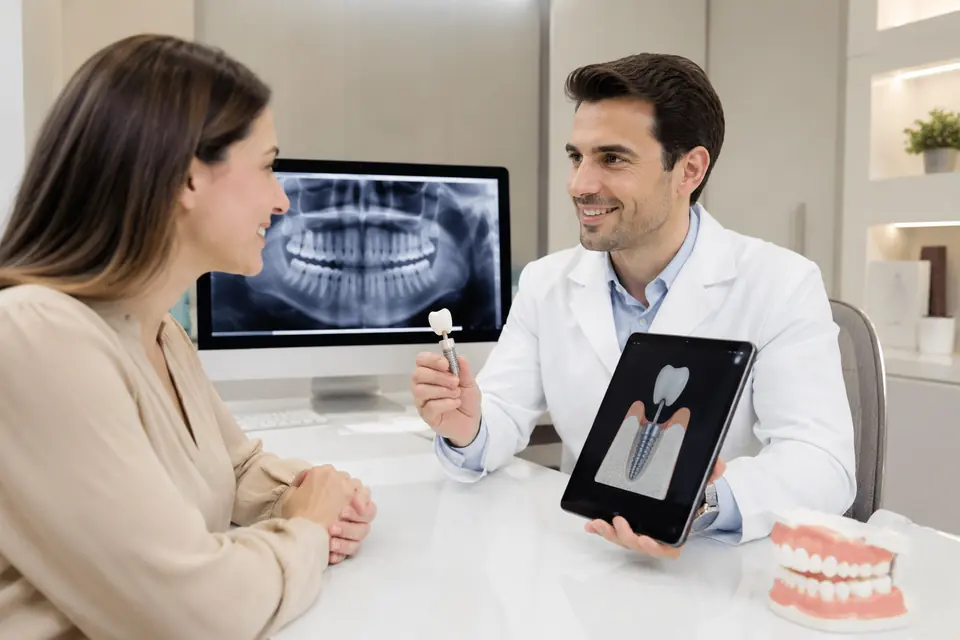 Dentista conversando com paciente durante avaliação odontológica