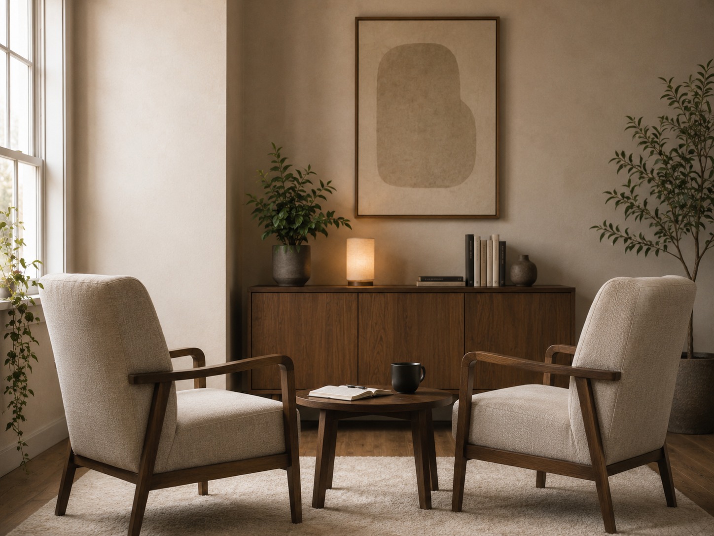 Consultório com duas poltronas, mesa e luz natural