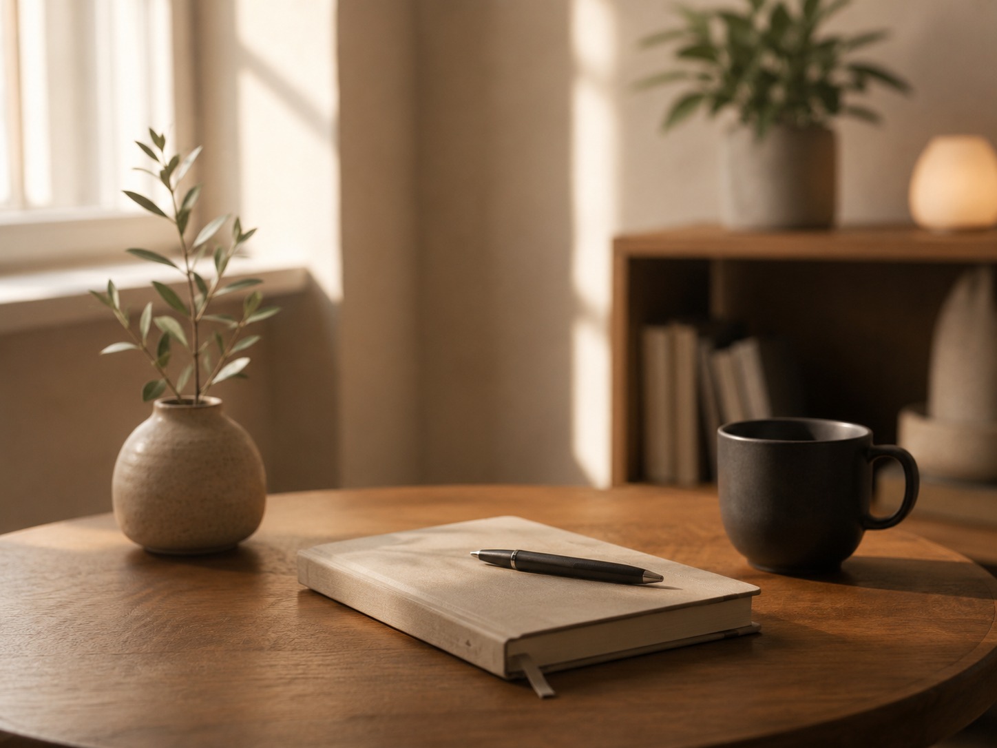 Caderno, caneca e luz natural em uma mesa de atendimento