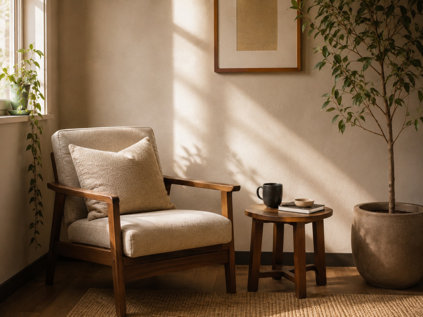 Canto de consultório com poltrona, planta e luz suave