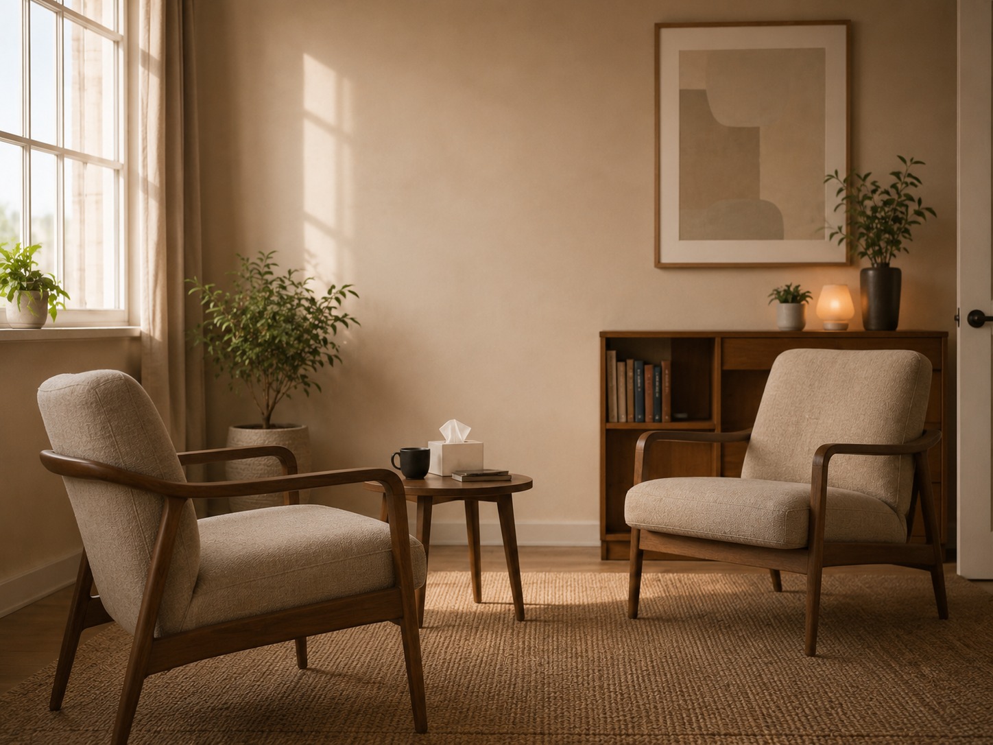 Consultório iluminado com poltrona e mesa de apoio