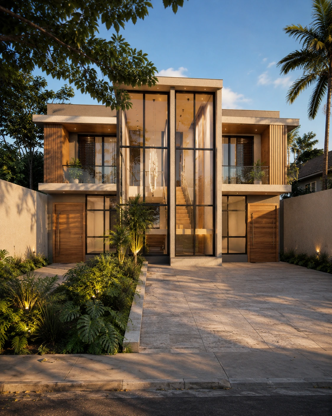 Residência contemporânea com madeira e grandes panos de vidro
