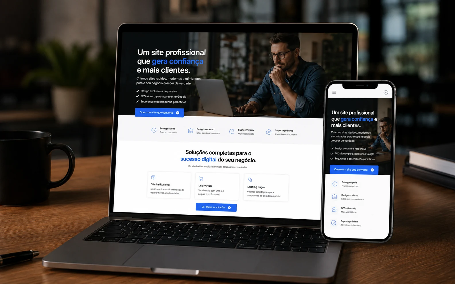 Notebook e celular em uma mesa de trabalho exibindo uma presença digital profissional